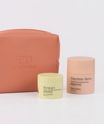 Pem Delian barack színű vegán bőr sminktáska, Restart hámlasztó És Daytime Hero hidratáló arckrém