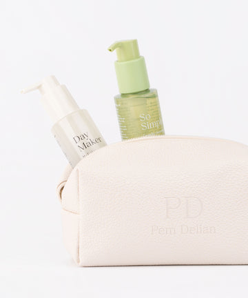 Pem Delian beige vegán bőr neszesszerben Day Maker arctisztító, So Simple olajos lemosó