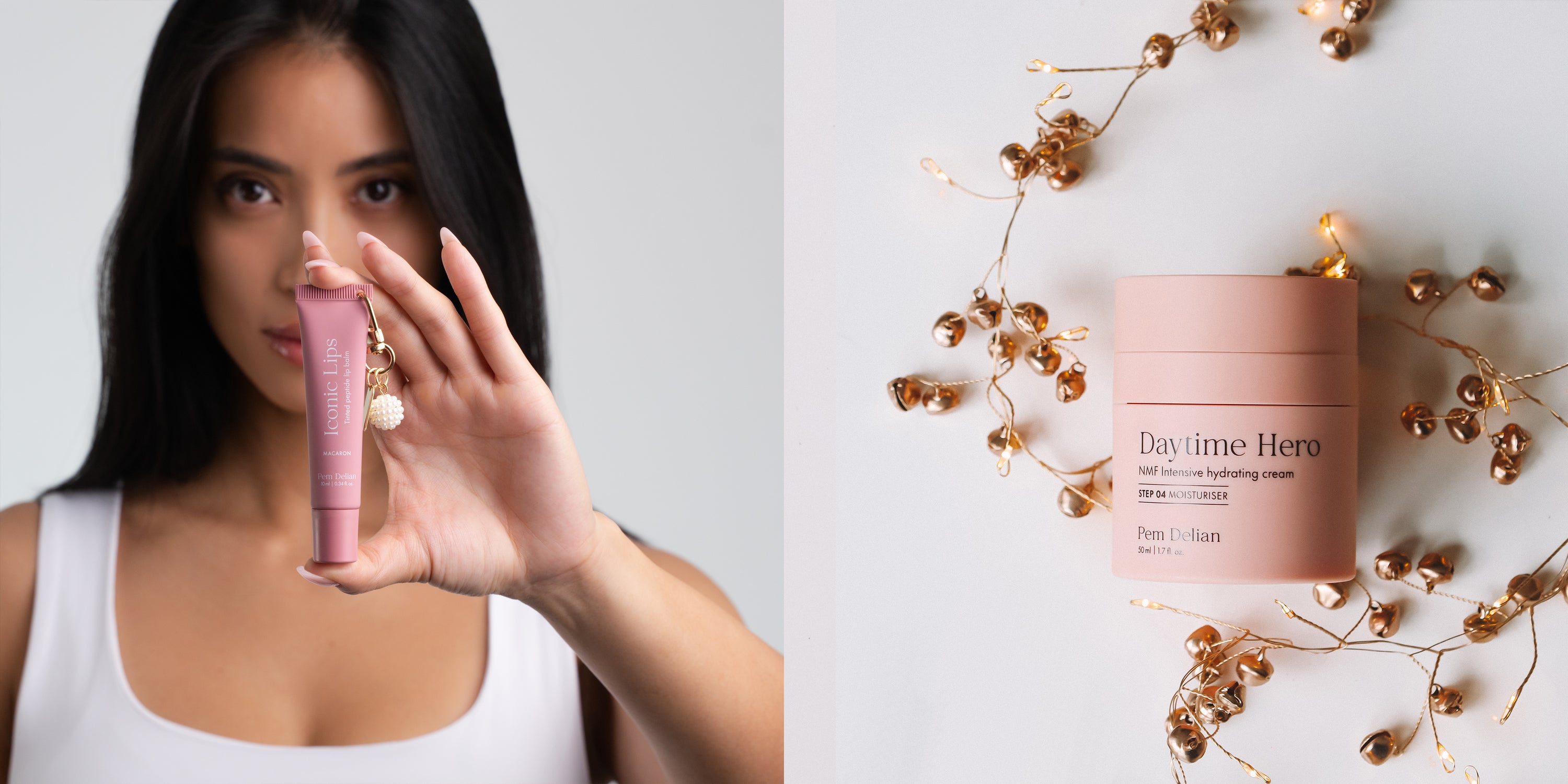 Pem Delian Iconic Lips Macaron a modell kezében, mellette Daytime Hero arany füzérrel