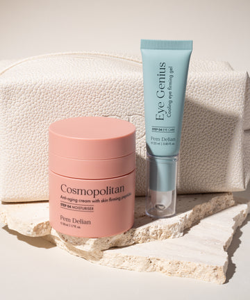 Pem Delian kozmetikumok, Eye Genius, Cosmopolitan kő lapokon, beige neszesszer előtt