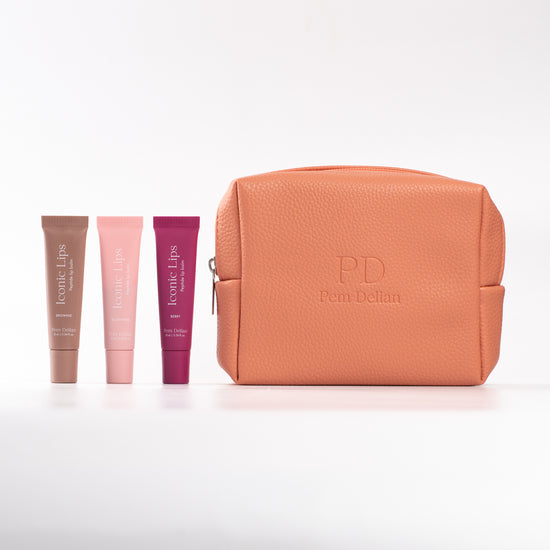 Pem Delian Lip tint csomag, barack neszesszer, Brownie, Berry, Blush pink lipsek fehér háttérrel