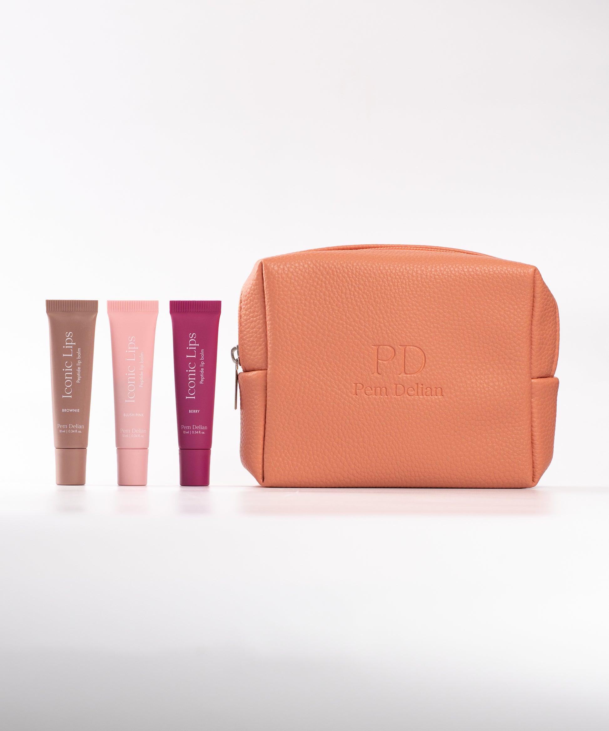 Pem Delian Lip tint csomag, barack neszesszer, Brownie, Berry, Blush pink lipsek fehér háttérrel