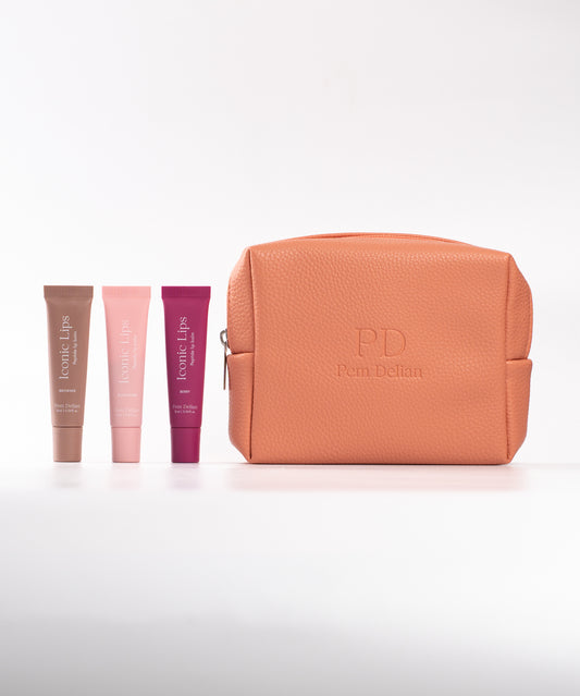 Pem Delian Lip tint csomag, barack neszesszer, Brownie, Berry, Blush pink lipsek fehér háttérrel