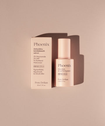 Pem Delian Phoenix antioxidáns, bőrtökéletesítő szérum árnyékkal, mellete doboz