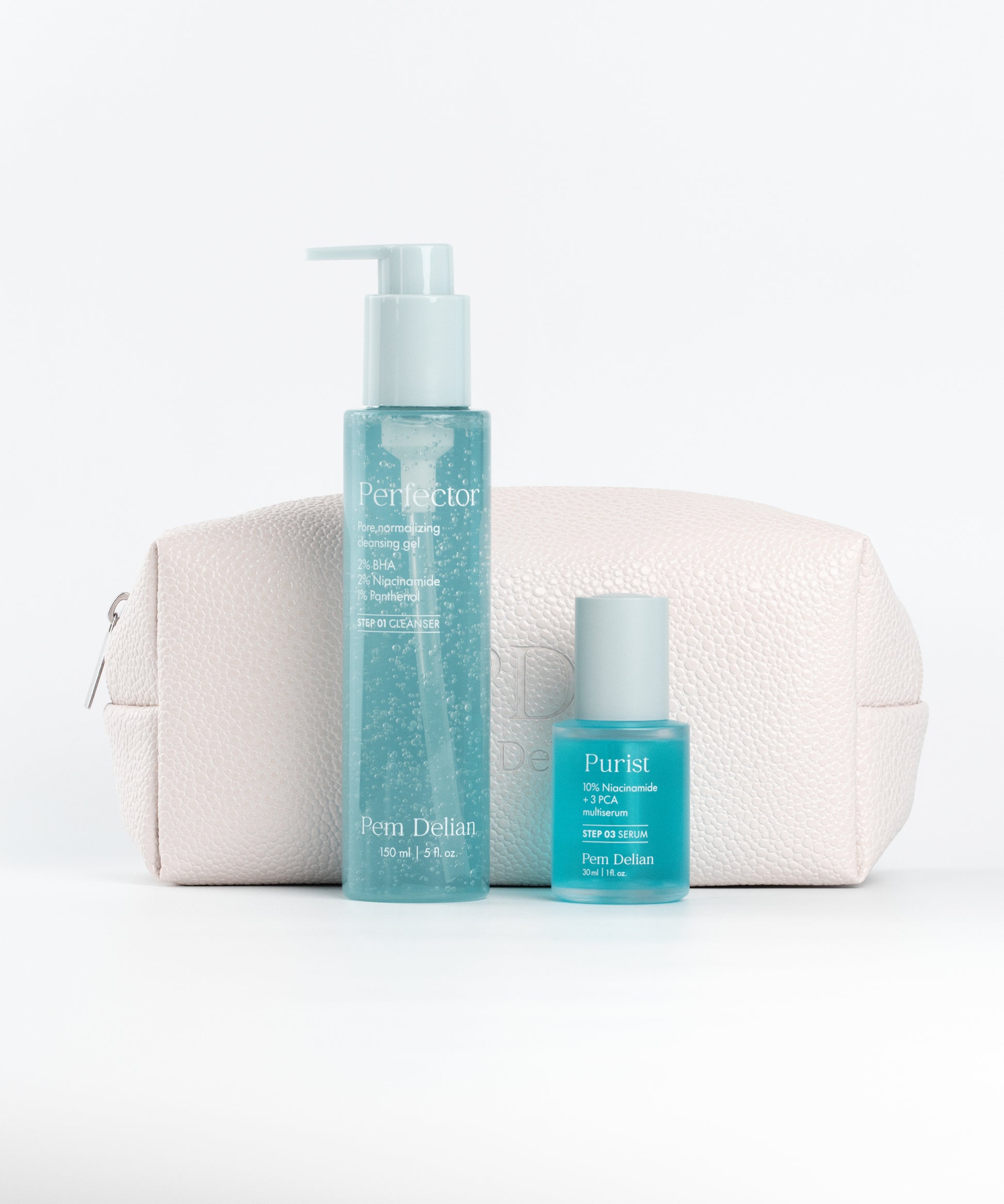 Pem Delian Pore control csomag: Perfector, Purist, beige neszesszerrel, fehér háttér