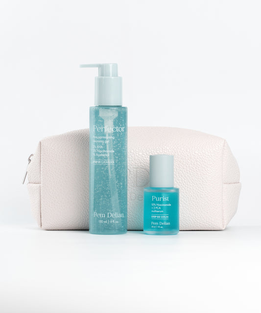 Pem Delian Pore control csomag: Perfector, Purist, beige neszesszerrel, fehér háttér