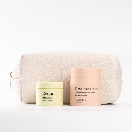 Pem Delian Renew csomag: Daytime Hero, Restart, beige neszesszer, fehér háttér