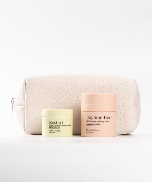 Pem Delian Renew csomag: Daytime Hero, Restart, beige neszesszer, fehér háttér