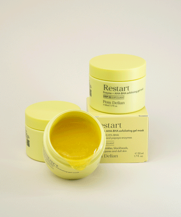 Pem Delian Restart Enzim + AHA-BHA bőrmegújító és ragyogásfokozó hámlasztó gélmaszk dobozzal és kibontva