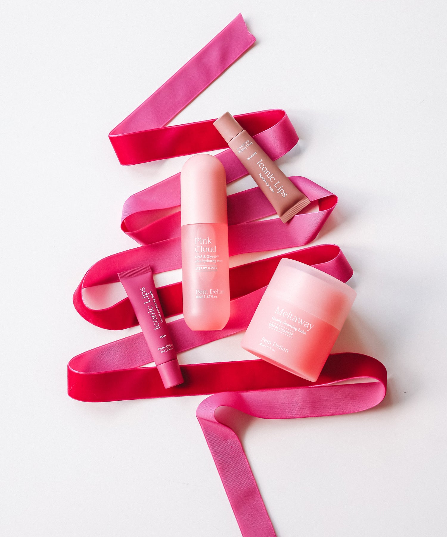 Pem Delian Meltaway, Pink Cloud, Iconic Lips Berry, Macaron, rózsaszín karácsonyfát kirajzoló szalagon